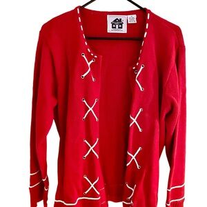 Y2K Storybook Knits Red Cardigan – White Laced Trim Size M